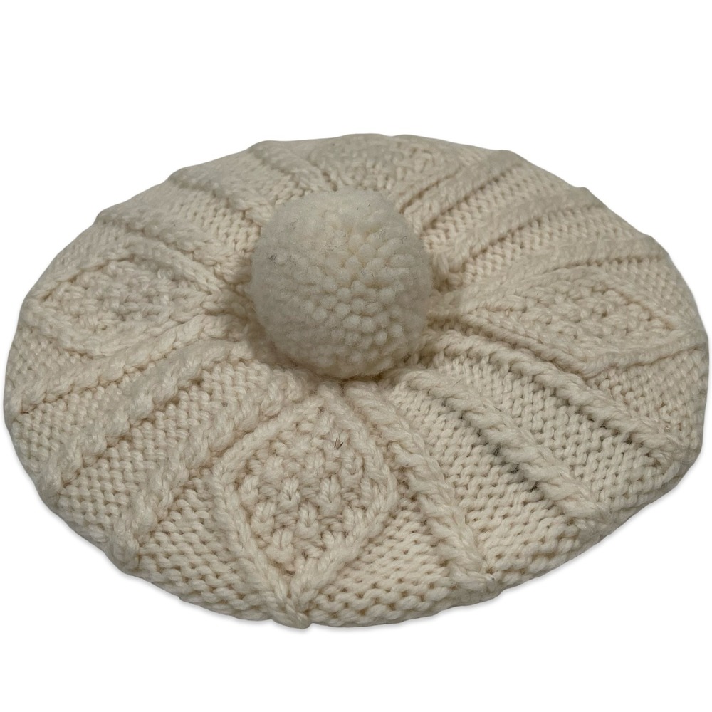Aran Woollen Mills Handknit Beret Baby Kids Cream 100% Merino Wool Pom Pom Hat